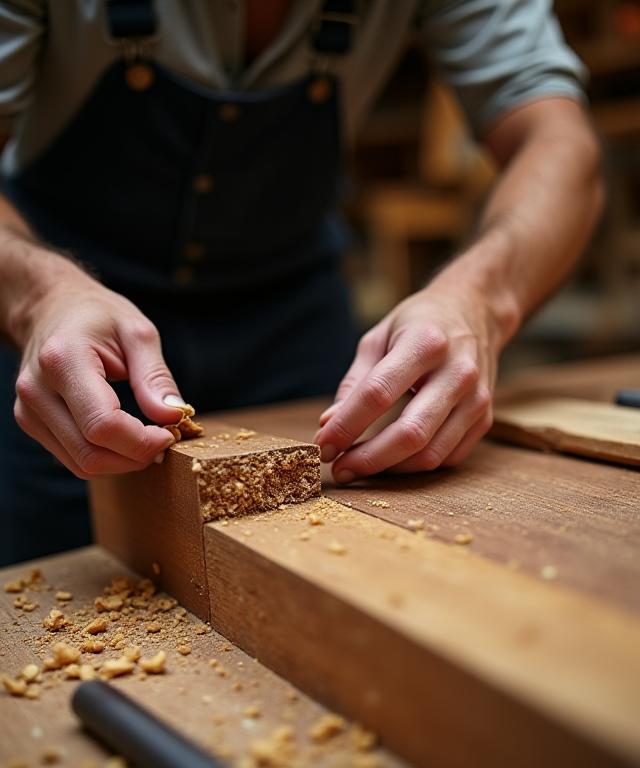 Artigiano esperto che lavora su un pezzo di legno pregiato nel laboratorio di Mobili Moderna Italia.
